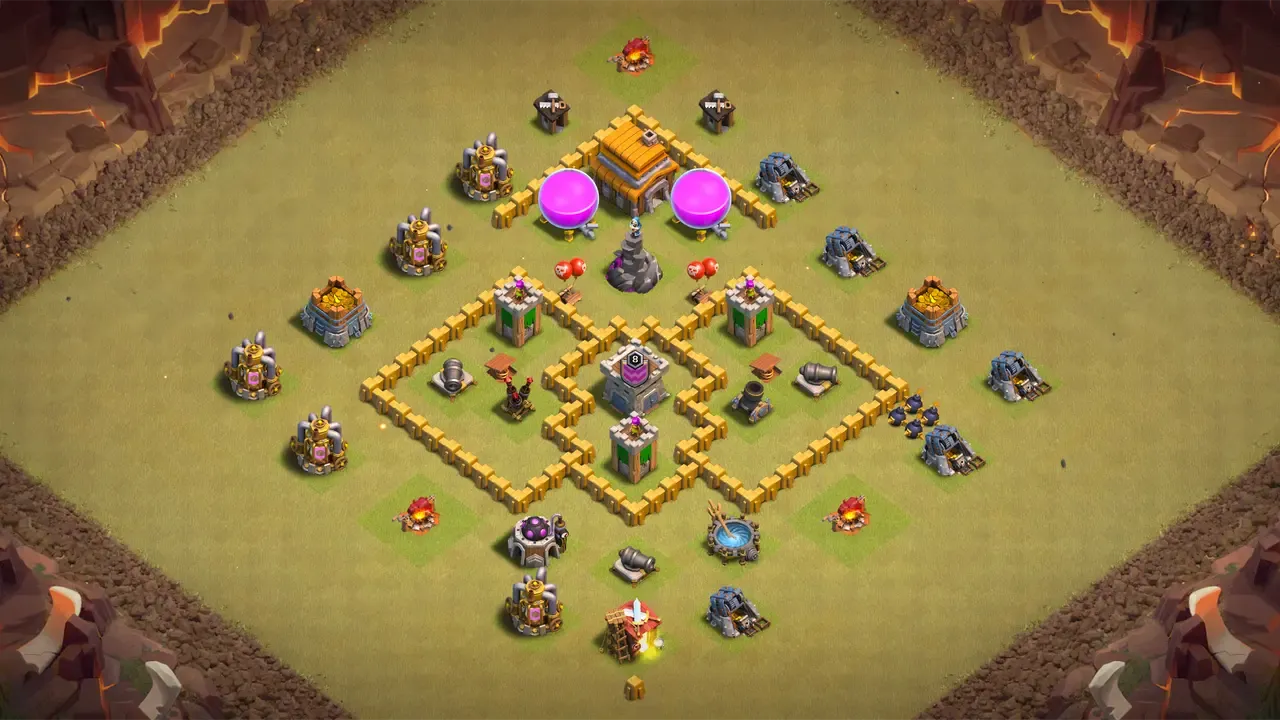 TH5 CWL base with outside Town Hall bait, centered Clan Castle draining attack resources, and open sections breaking clean push funnels.