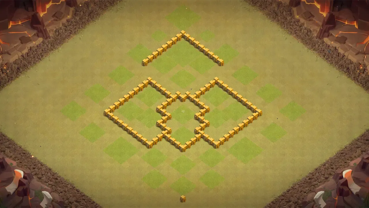 TH5 CWL base with outside Town Hall bait, centered Clan Castle draining attack resources, and open sections breaking clean push funnels. wall view - wall layout only for clash of clans town hall 5