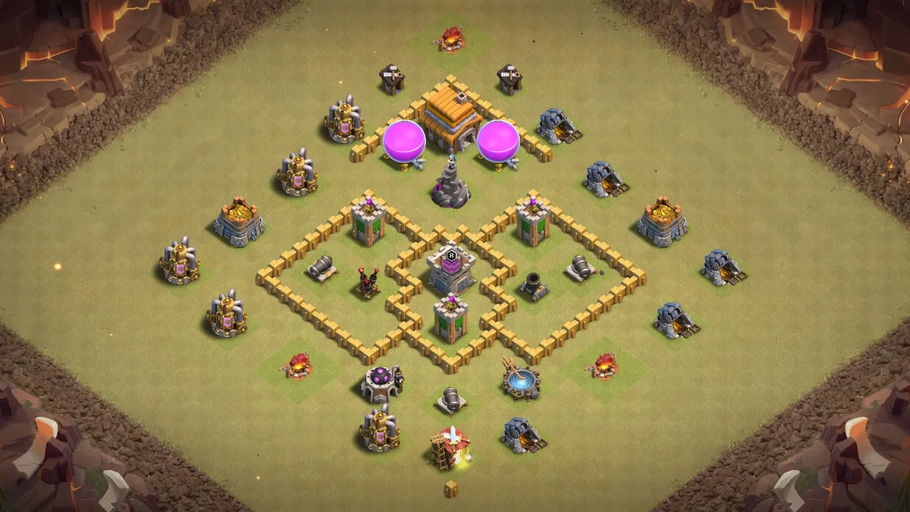 TH5 CWL base with outside Town Hall bait, centered Clan Castle draining attack resources, and open sections breaking clean push funnels. scout view - full base layout for clash of clans town hall 5