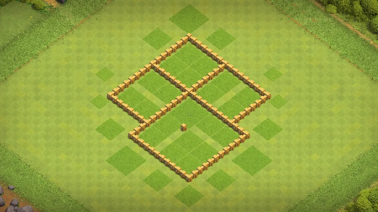 TH5 farming base with centered Town Hall, storages and collectors behind walls, and traps covering both ground and air threats. wall view - wall layout only for clash of clans town hall 5
