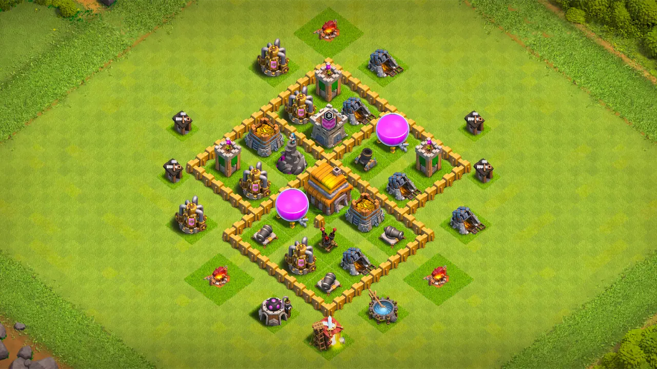 TH5 farming base with centered Town Hall, storages and collectors behind walls, and traps covering both ground and air threats. scout view - full base layout for clash of clans town hall 5