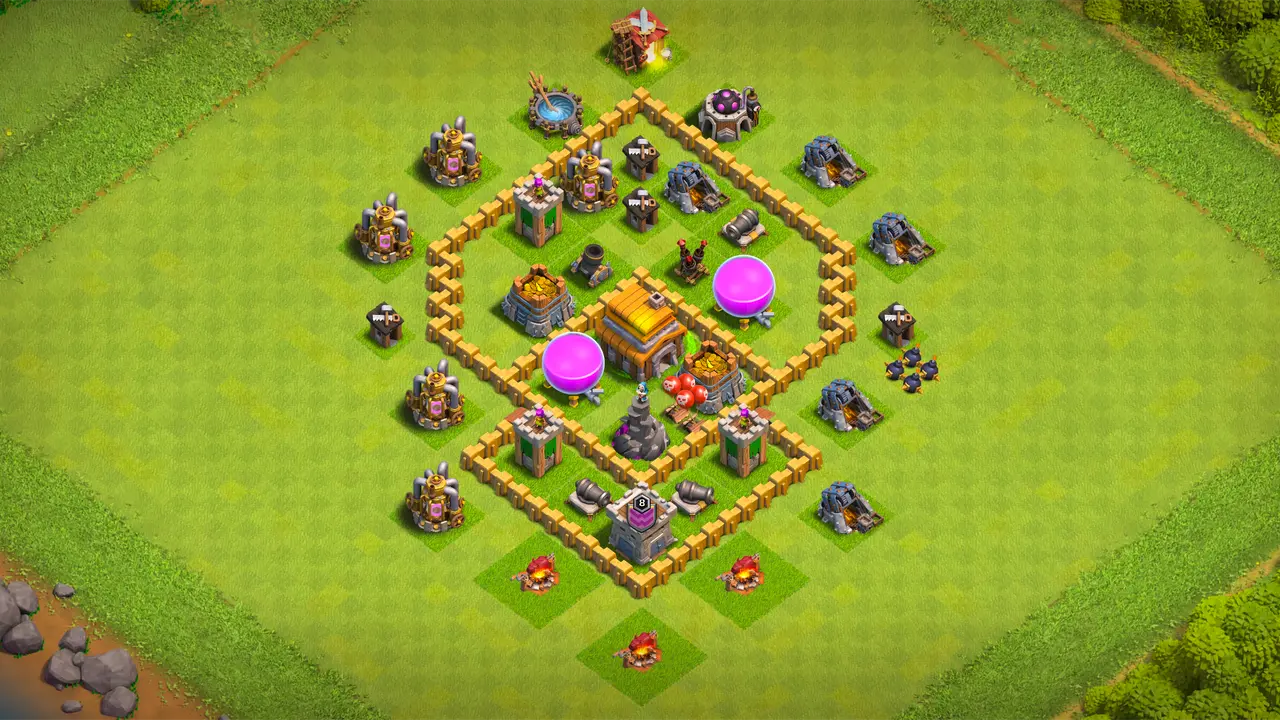 TH5 diamond farming base with storages locked behind walls, confusing three-sided entry points, and Bombs punishing grouped Wizards outside.