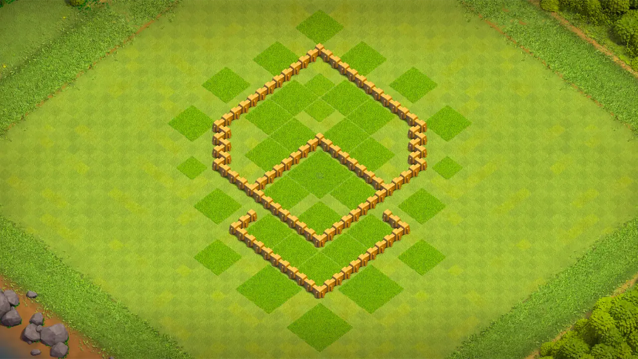 TH5 diamond farming base with storages locked behind walls, confusing three-sided entry points, and Bombs punishing grouped Wizards outside. wall view - wall layout only for clash of clans town hall 5