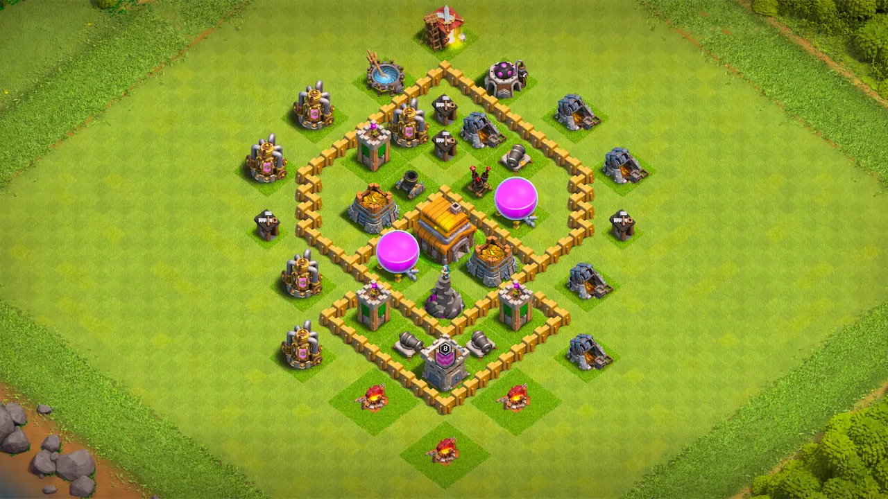 TH5 diamond farming base with storages locked behind walls, confusing three-sided entry points, and Bombs punishing grouped Wizards outside. scout view - full base layout for clash of clans town hall 5