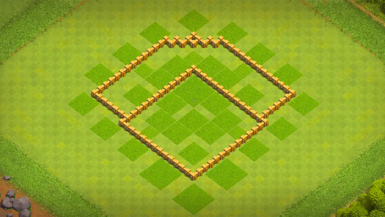 TH5 farming base with two wide sections, grouped core defenses, Spring Traps stopping Giants, and Air Bombs handling Balloon clusters. wall view - wall layout only for clash of clans town hall 5