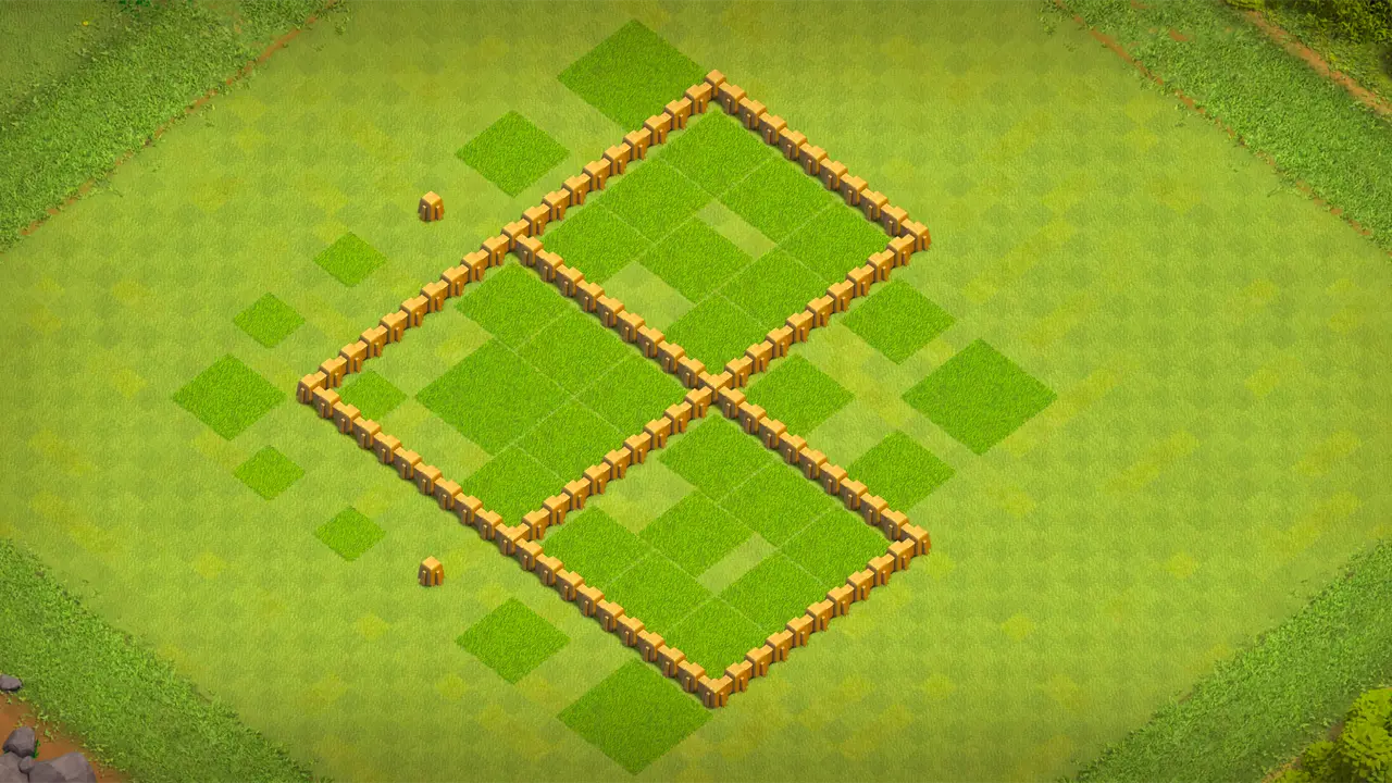TH5 farming base with three-part box layout, well-protected loot across all sections, and CC troops pressuring attackers mid-raid. wall view - wall layout only for clash of clans town hall 5