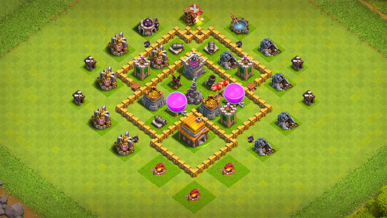TH5 farming base with diamond layout, deep storages covered by core defenses, and traps handling Giants, Balloons, and Wall Breakers.