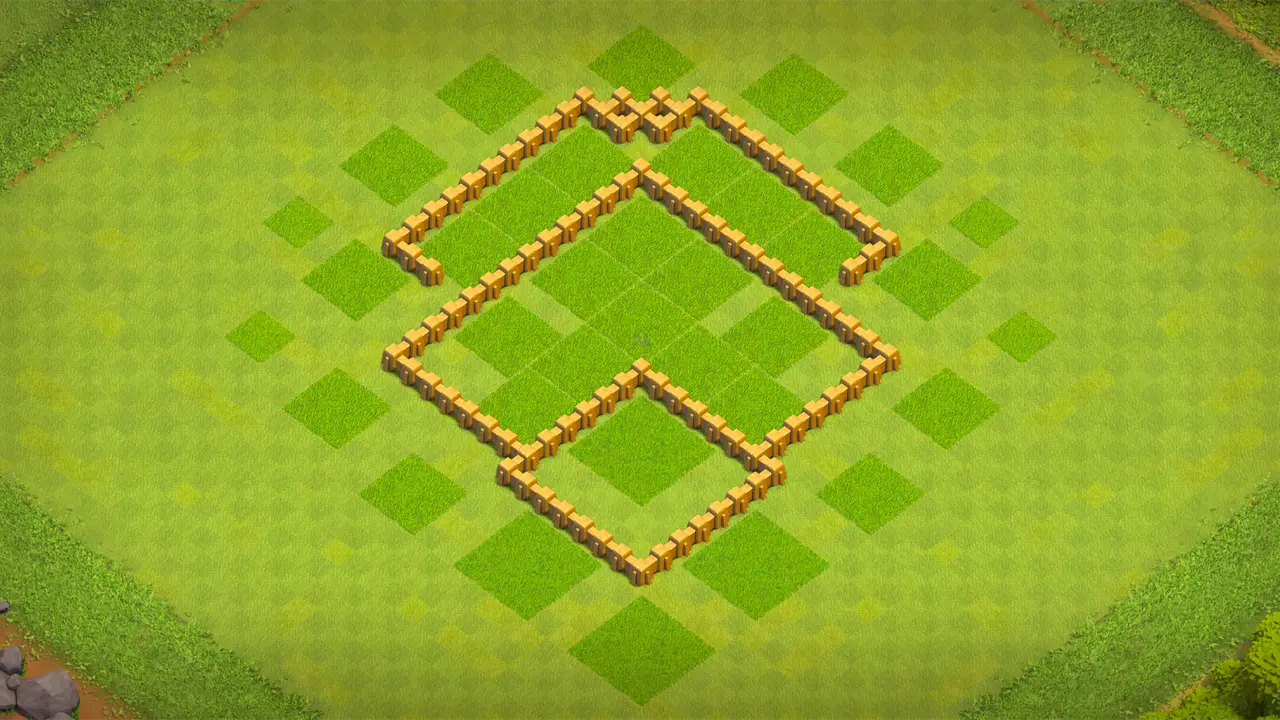 TH5 farming base with diamond layout, deep storages covered by core defenses, and traps handling Giants, Balloons, and Wall Breakers. wall view - wall layout only for clash of clans town hall 5