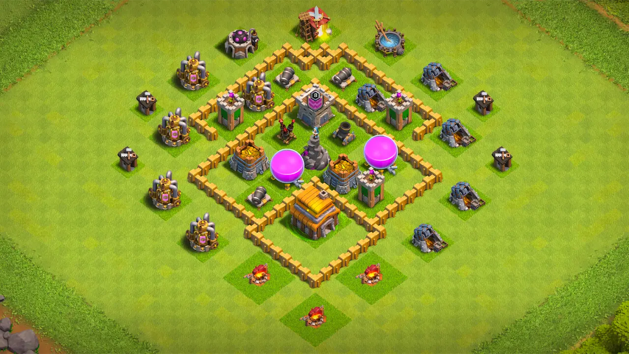 TH5 farming base with diamond layout, deep storages covered by core defenses, and traps handling Giants, Balloons, and Wall Breakers. scout view - full base layout for clash of clans town hall 5