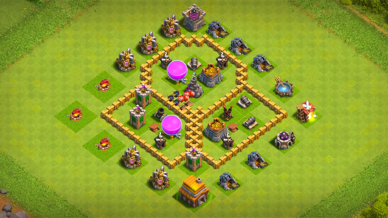 TH5 farming base with three-section layout, split storages, outside Town Hall, and Cannon with Wizard Tower covering multiple sections.