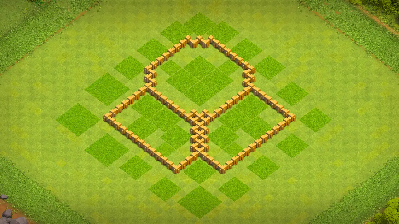 TH5 farming base with three-section layout, split storages, outside Town Hall, and Cannon with Wizard Tower covering multiple sections. wall view - wall layout only for clash of clans town hall 5