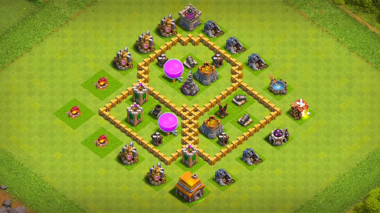 TH5 farming base with three-section layout, split storages, outside Town Hall, and Cannon with Wizard Tower covering multiple sections. scout view - full base layout for clash of clans town hall 5