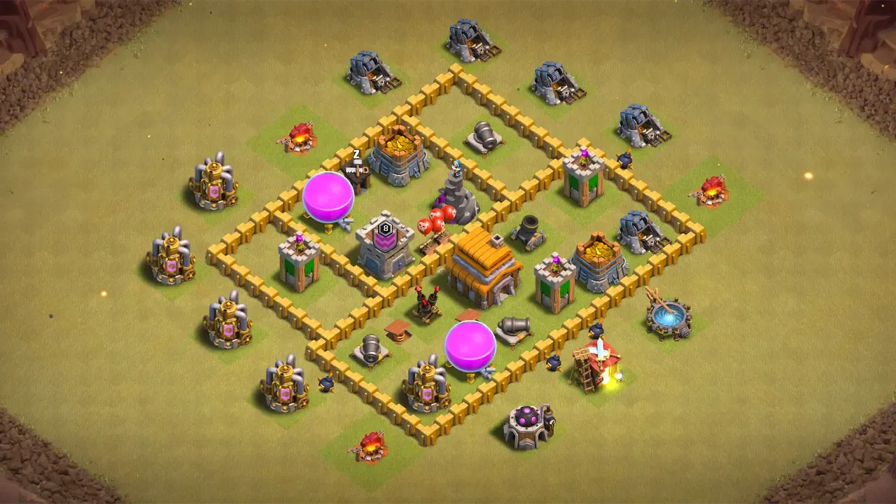 TH5 war base with box layout, Town Hall and Clan Castle at the core, stacked defenses, and CC troops shredding ground pushes.