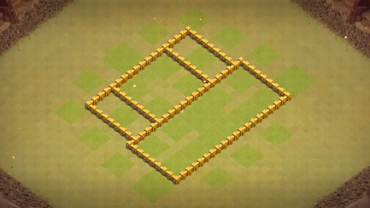 TH5 war base with box layout, Town Hall and Clan Castle at the core, stacked defenses, and CC troops shredding ground pushes. wall view - wall layout only for clash of clans town hall 5