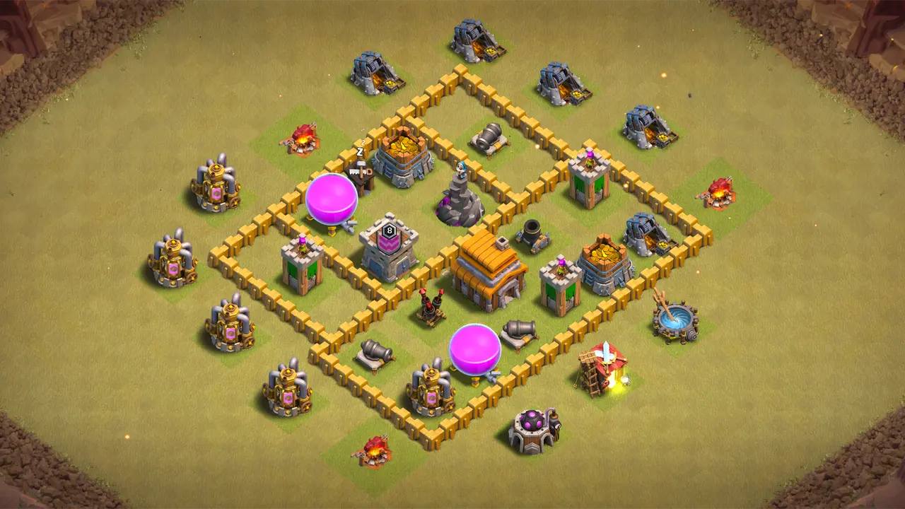TH5 war base with box layout, Town Hall and Clan Castle at the core, stacked defenses, and CC troops shredding ground pushes. scout view - full base layout for clash of clans town hall 5