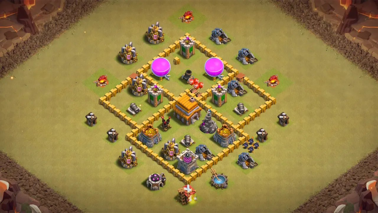 TH5 war base with four-section layout, deep centered Town Hall, clustered core defenses, and open walls slowing down attack planning.