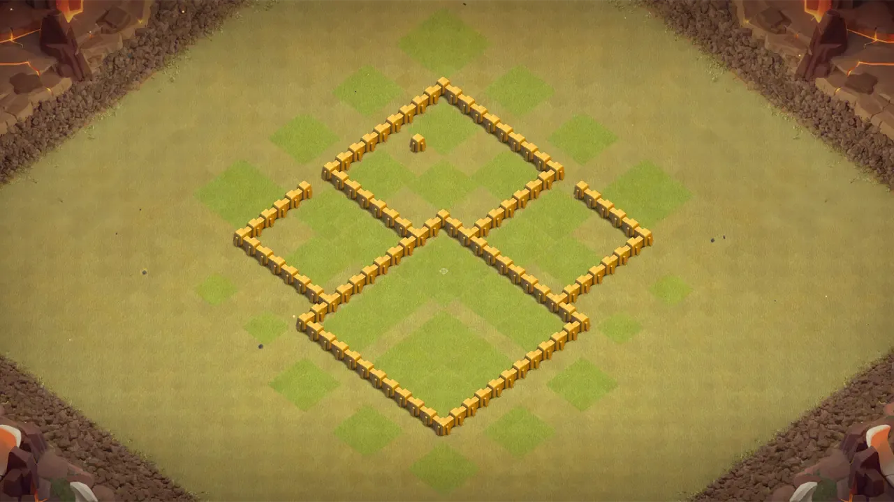 TH5 war base with four-section layout, deep centered Town Hall, clustered core defenses, and open walls slowing down attack planning. wall view - wall layout only for clash of clans town hall 5