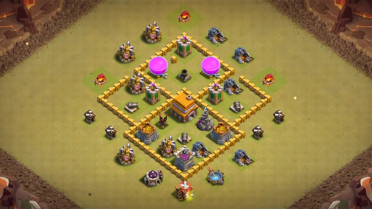 TH5 war base with four-section layout, deep centered Town Hall, clustered core defenses, and open walls slowing down attack planning. scout view - full base layout for clash of clans town hall 5