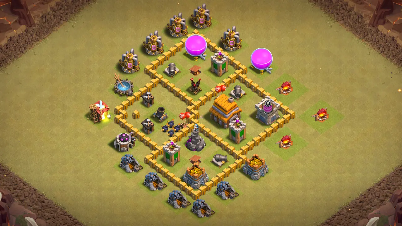TH5 war base with isolated Mortar for full coverage, guarded Town Hall, Wizard Tower grinding Giants, and split Air Bombs stopping Balloons.