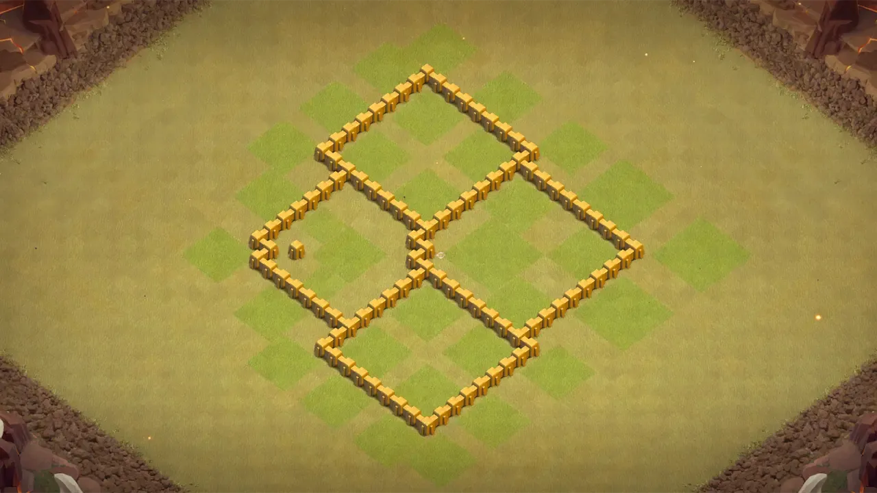 TH5 war base with isolated Mortar for full coverage, guarded Town Hall, Wizard Tower grinding Giants, and split Air Bombs stopping Balloons. wall view - wall layout only for clash of clans town hall 5