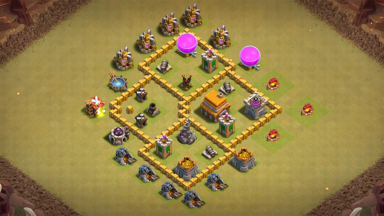 TH5 war base with isolated Mortar for full coverage, guarded Town Hall, Wizard Tower grinding Giants, and split Air Bombs stopping Balloons. scout view - full base layout for clash of clans town hall 5