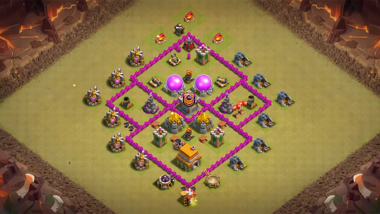 TH6 CWL base with diamond layout, centered Clan Castle for instant pressure, and traps countering common strategies to deny clean three-stars.