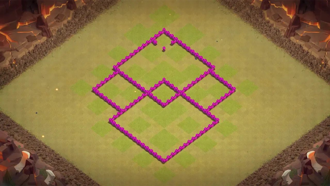 TH6 CWL base with diamond layout, centered Clan Castle for instant pressure, and traps countering common strategies to deny clean three-stars. wall view - wall layout only for clash of clans town hall 6