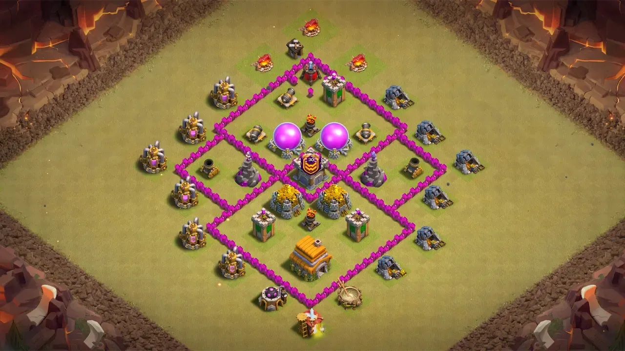 TH6 CWL base with diamond layout, centered Clan Castle for instant pressure, and traps countering common strategies to deny clean three-stars. scout view - full base layout for clash of clans town hall 6