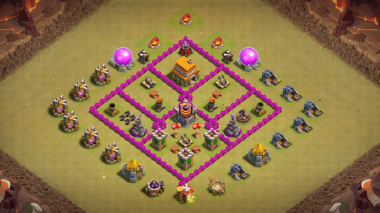 TH6 CWL base with symmetric box layout, Air Sweepers funneling Balloons and Dragons into Archer Towers, and centralized CC for air defense.