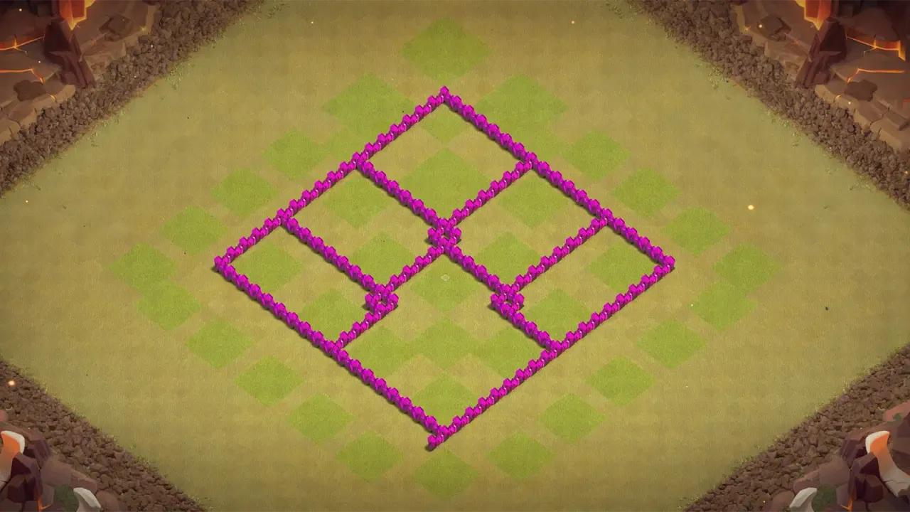 TH6 CWL base with symmetric box layout, Air Sweepers funneling Balloons and Dragons into Archer Towers, and centralized CC for air defense. wall view - wall layout only for clash of clans town hall 6