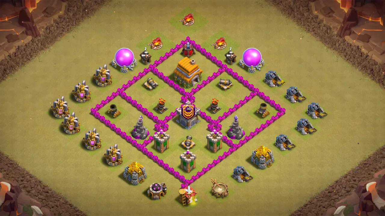 TH6 CWL base with symmetric box layout, Air Sweepers funneling Balloons and Dragons into Archer Towers, and centralized CC for air defense. scout view - full base layout for clash of clans town hall 6
