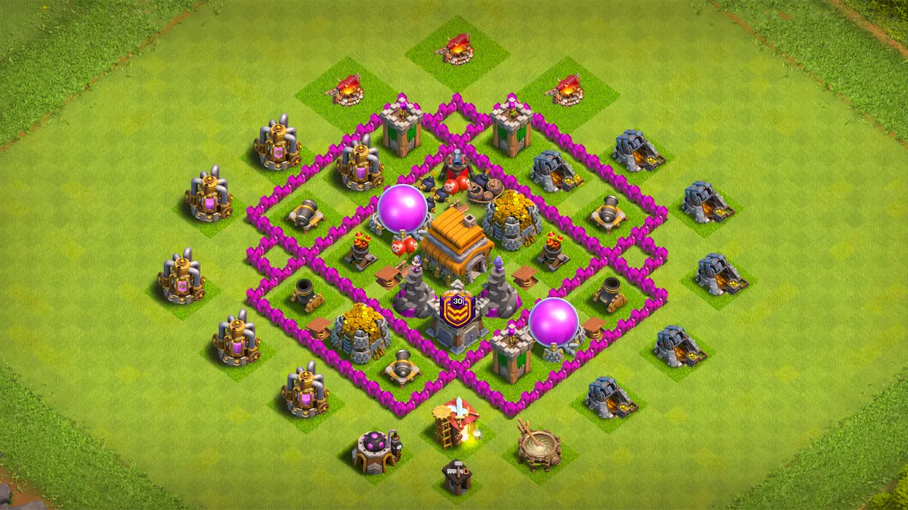 TH6 farming base with centered Town Hall, spread storages across sections, and CC troops slowing Giant pushes before they reach the core.