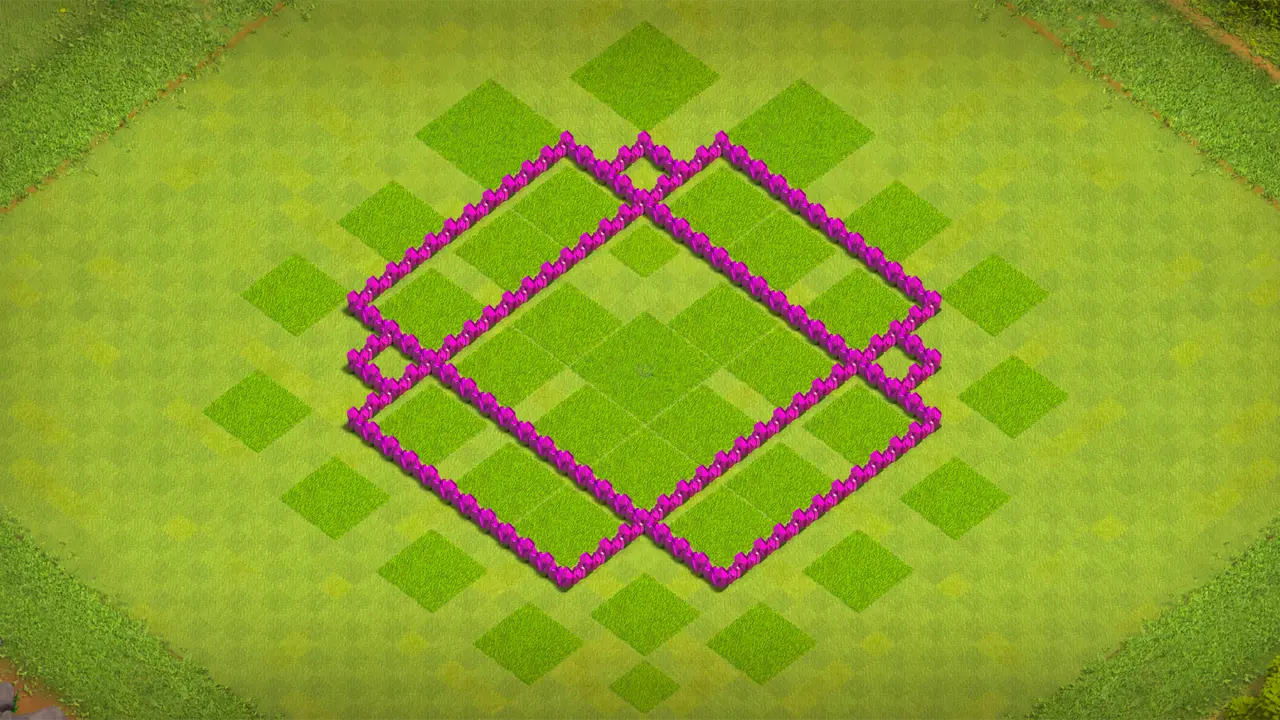 TH6 farming base with centered Town Hall, spread storages across sections, and CC troops slowing Giant pushes before they reach the core. wall view - wall layout only for clash of clans town hall 6
