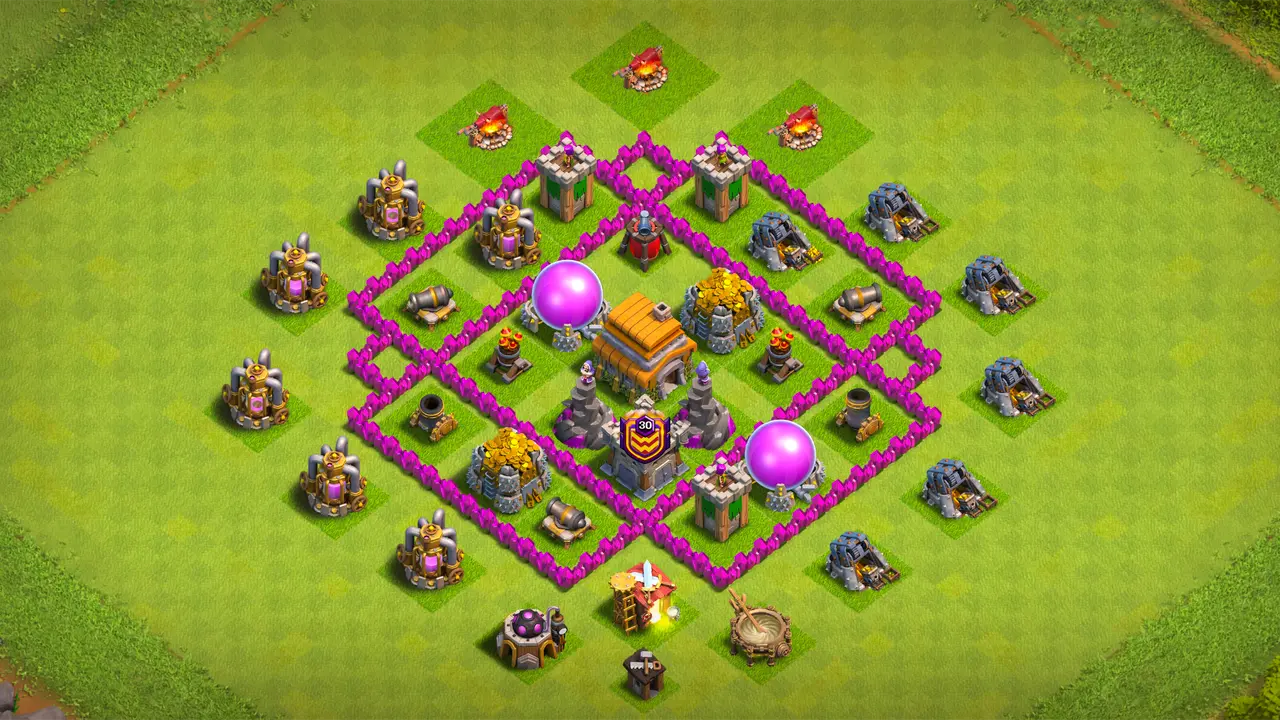 TH6 farming base with centered Town Hall, spread storages across sections, and CC troops slowing Giant pushes before they reach the core. scout view - full base layout for clash of clans town hall 6