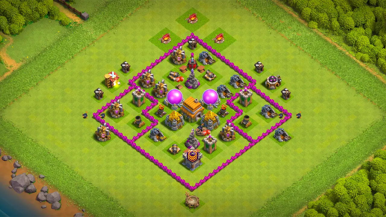 TH6 farming base with wide compartments, spread Air Defenses reducing Lightning value, and traps stopping Wall Breakers, Balloons, and Healers.
