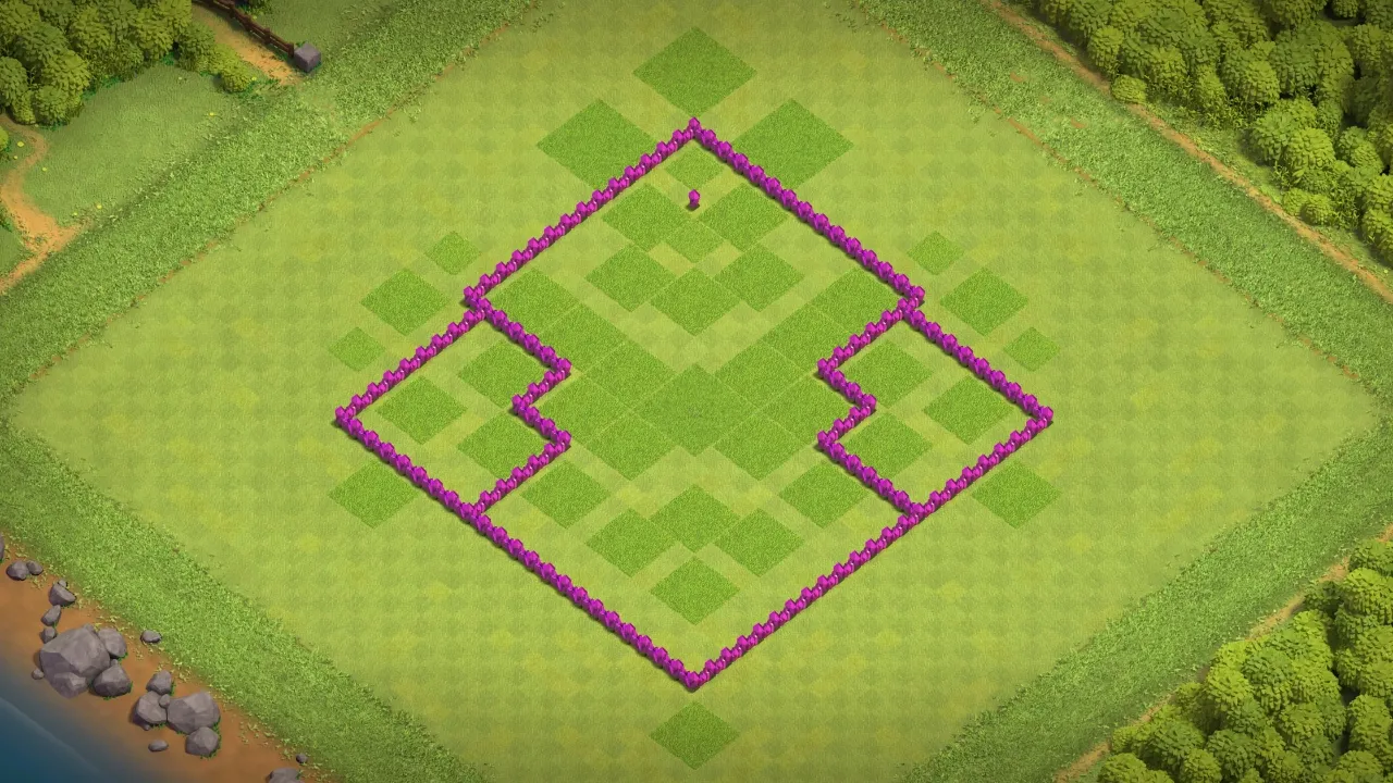 TH6 farming base with wide compartments, spread Air Defenses reducing Lightning value, and traps stopping Wall Breakers, Balloons, and Healers. wall view - wall layout only for clash of clans town hall 6
