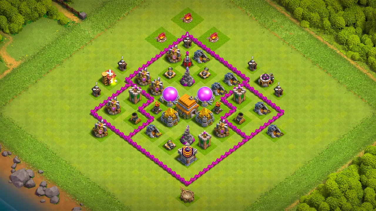TH6 farming base with wide compartments, spread Air Defenses reducing Lightning value, and traps stopping Wall Breakers, Balloons, and Healers. scout view - full base layout for clash of clans town hall 6