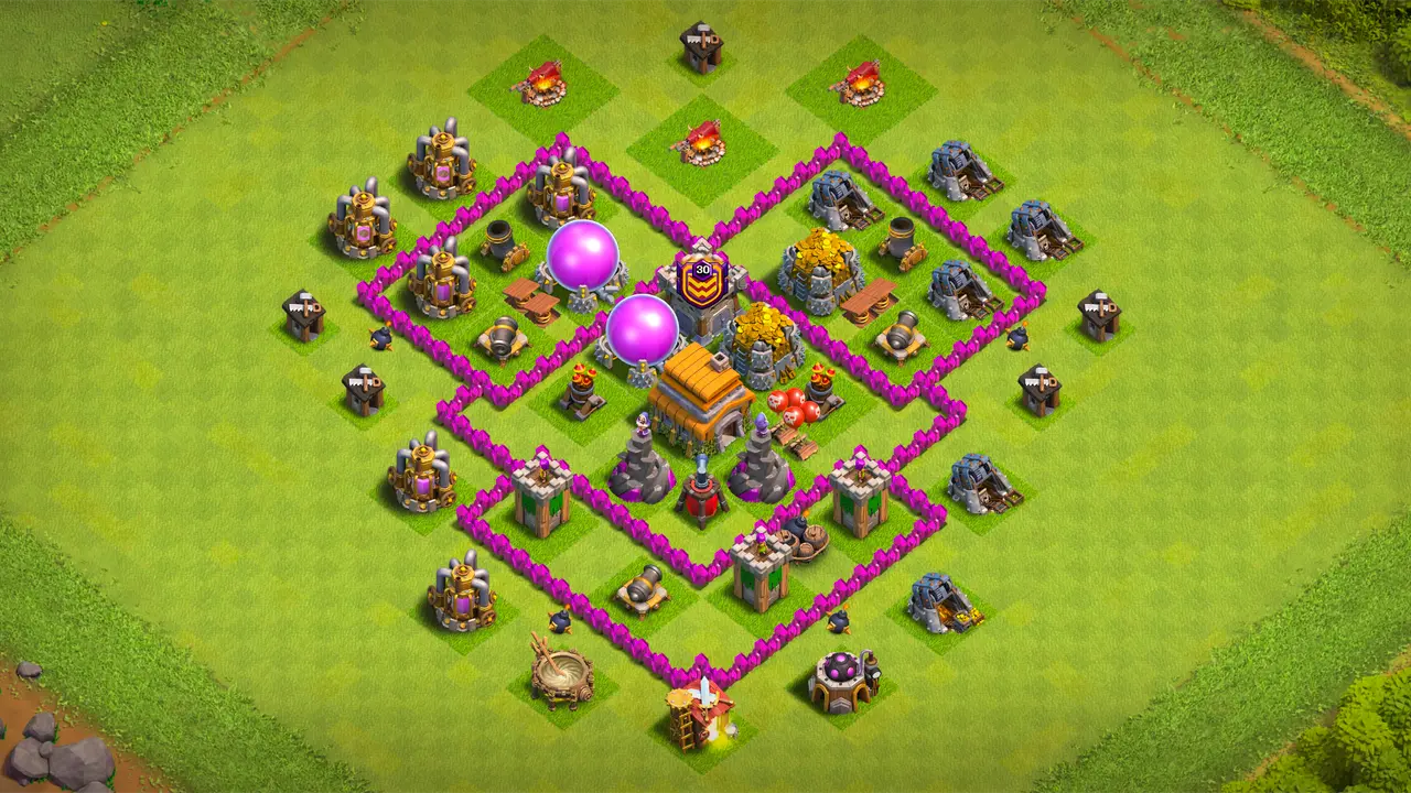 Multiple compartments break ground army funnels, keeping Town Hall locked at the core for a near-guaranteed one-star cap. Storages sit deep inside walls with swap options for extra loot protection. Symmetric layout defends consistently from every angle without weak sides. Tested against Giant+Wizard+Healer and Giant+Wizard+Balloon combos, holds up well even without CC troops.
