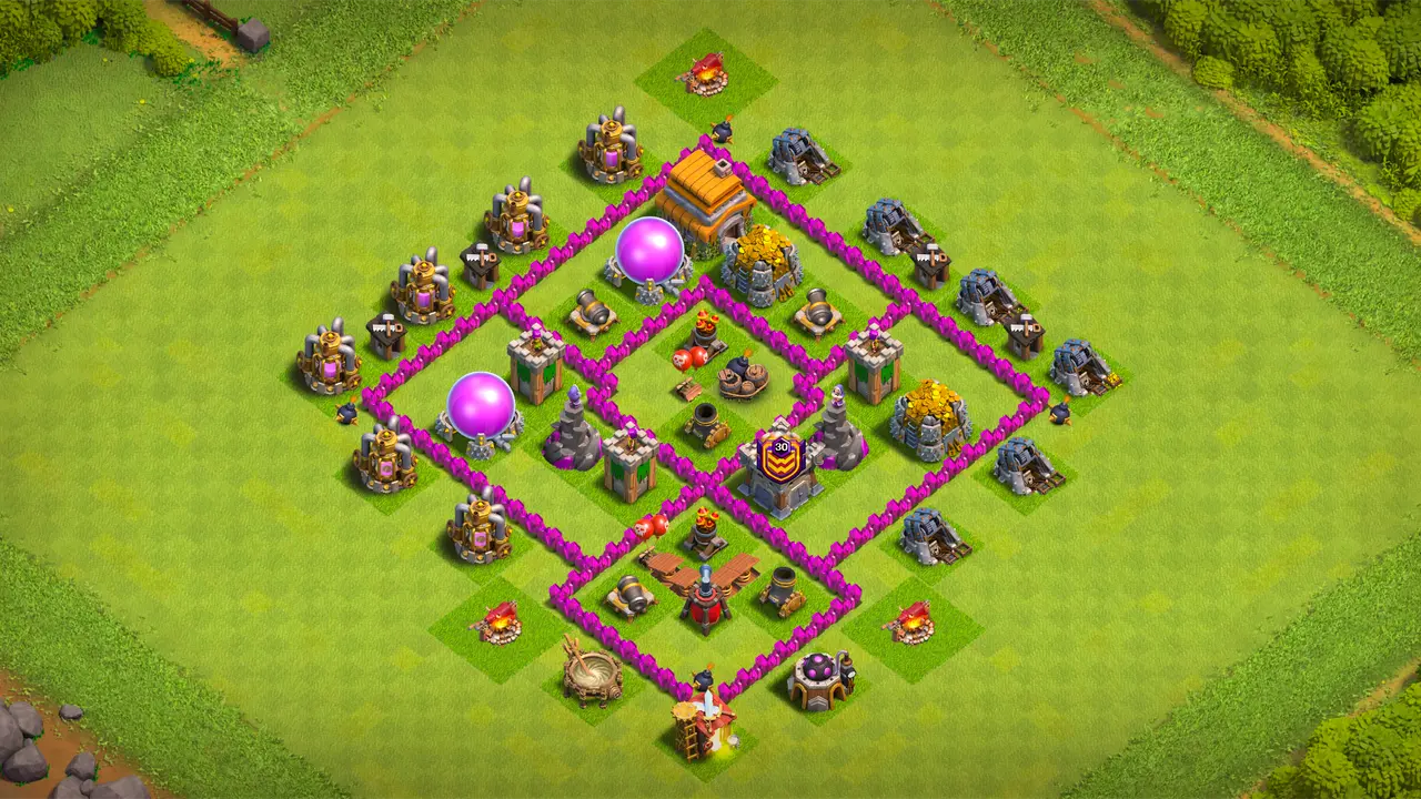TH6 farming base with complicated pathing, dense core defense cluster, Spring Trap bait on the bottom, and deep Air Defenses with no Lightning value.