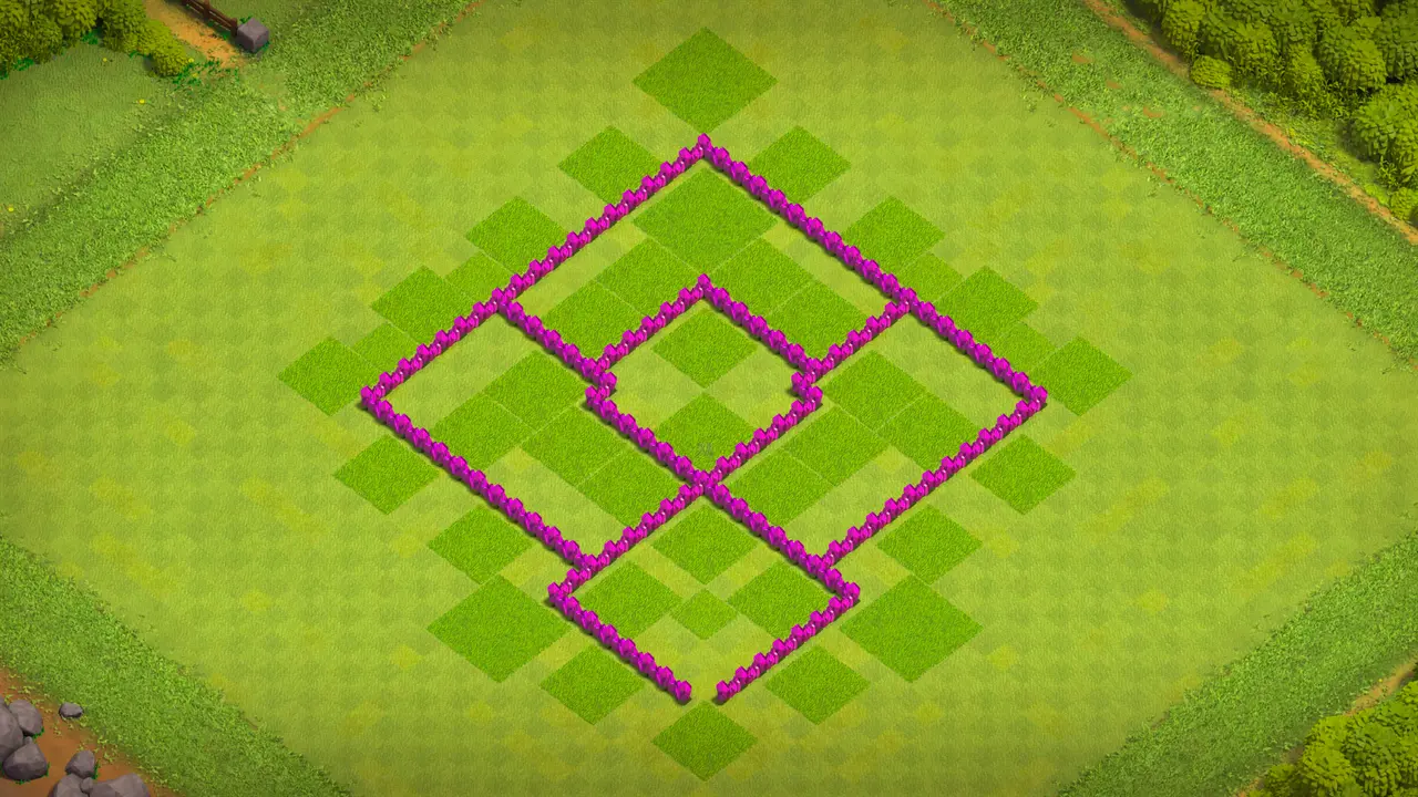 TH6 farming base with complicated pathing, dense core defense cluster, Spring Trap bait on the bottom, and deep Air Defenses with no Lightning value. wall view - wall layout only for clash of clans town hall 6