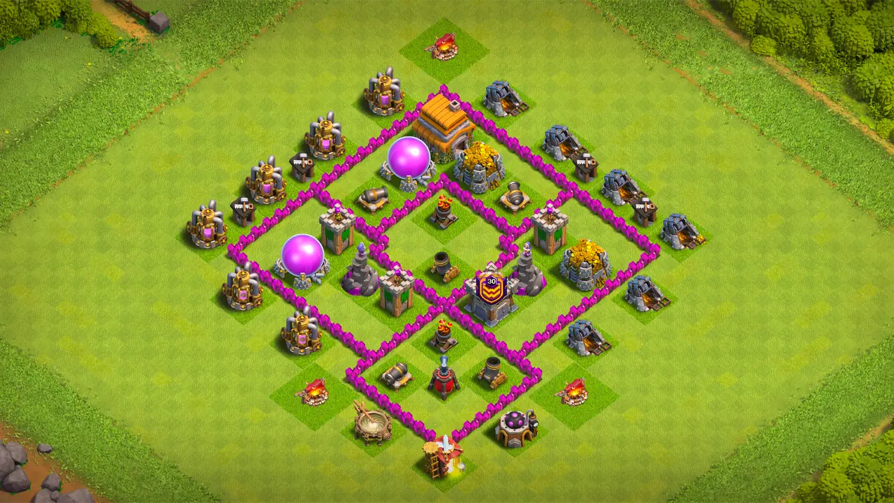 TH6 farming base with complicated pathing, dense core defense cluster, Spring Trap bait on the bottom, and deep Air Defenses with no Lightning value. scout view - full base layout for clash of clans town hall 6