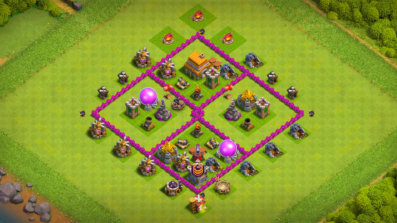 TH6 farming base with symmetric 4-compartment layout, edge Town Hall out of Wizard range, and Cannon baiting Giants deep to punish Healers.