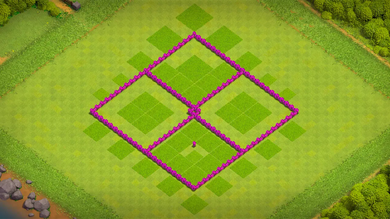 TH6 farming base with symmetric 4-compartment layout, edge Town Hall out of Wizard range, and Cannon baiting Giants deep to punish Healers. wall view - wall layout only for clash of clans town hall 6