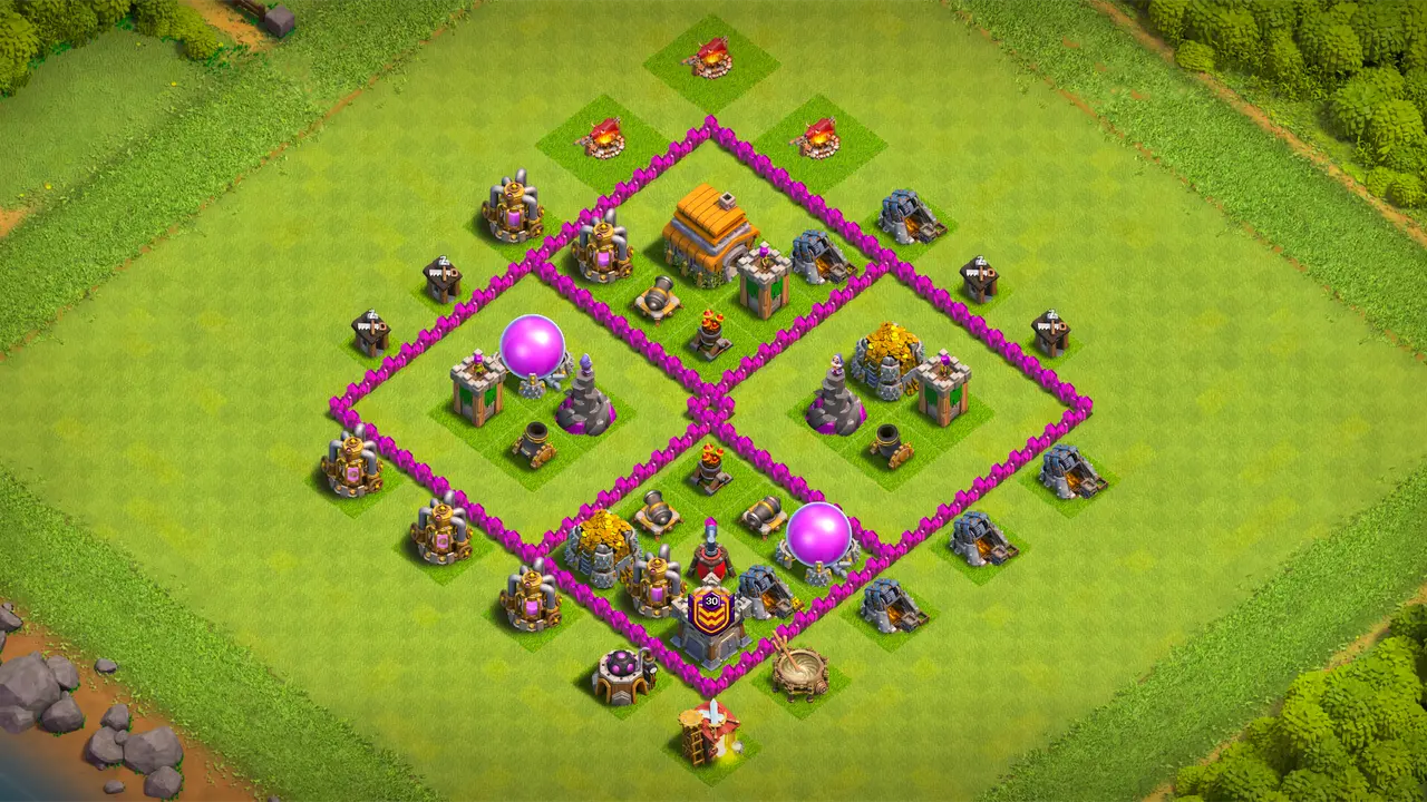 TH6 farming base with symmetric 4-compartment layout, edge Town Hall out of Wizard range, and Cannon baiting Giants deep to punish Healers. scout view - full base layout for clash of clans town hall 6