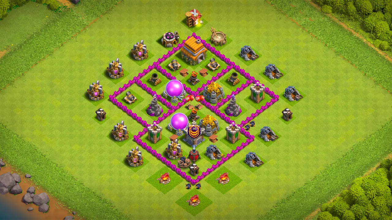 TH6 farming base with protected storages, Spring Traps stopping Giant pushes, and Red Air Bombs shutting down Balloon attacks.