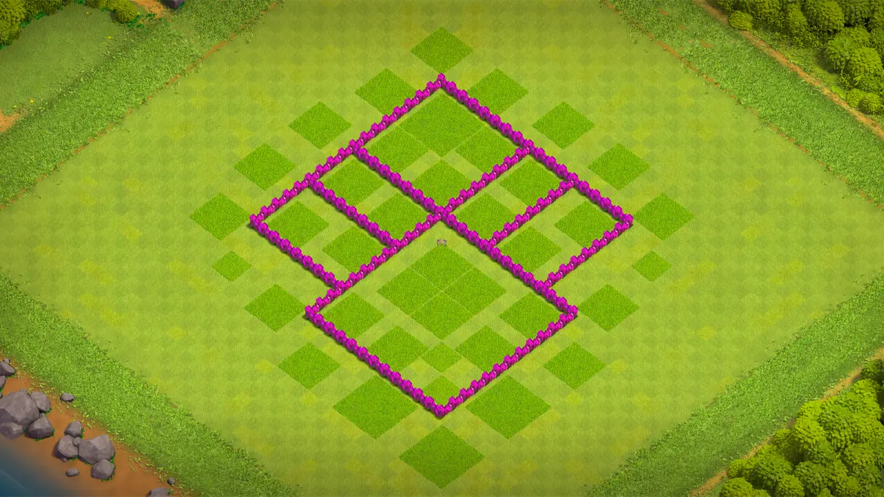 TH6 farming base with protected storages, Spring Traps stopping Giant pushes, and Red Air Bombs shutting down Balloon attacks. wall view - wall layout only for clash of clans town hall 6