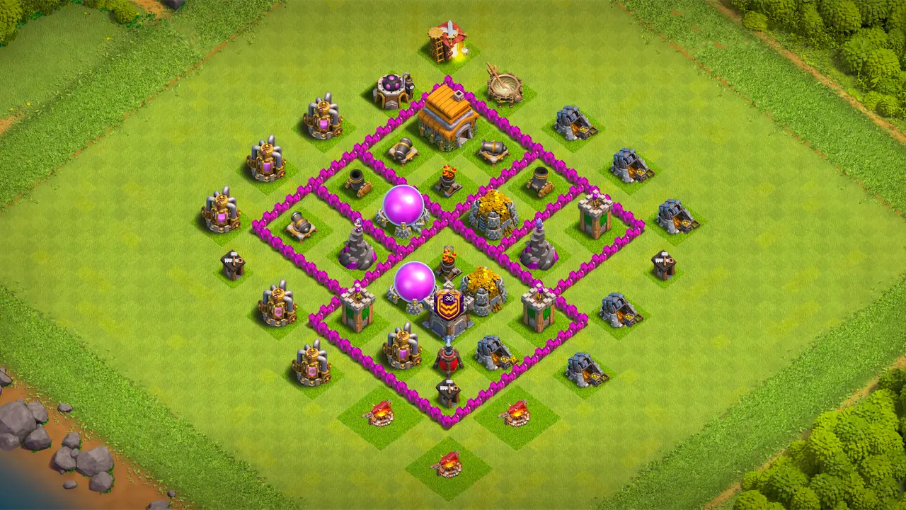 TH6 farming base with protected storages, Spring Traps stopping Giant pushes, and Red Air Bombs shutting down Balloon attacks. scout view - full base layout for clash of clans town hall 6