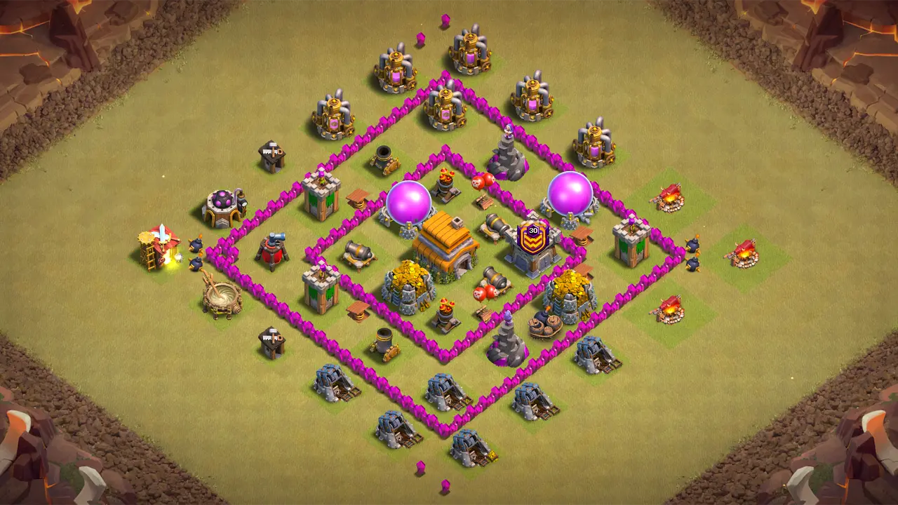 TH6 war base with classic ring layout, centered Town Hall, evenly spread defenses, and traps disrupting common war attack patterns.