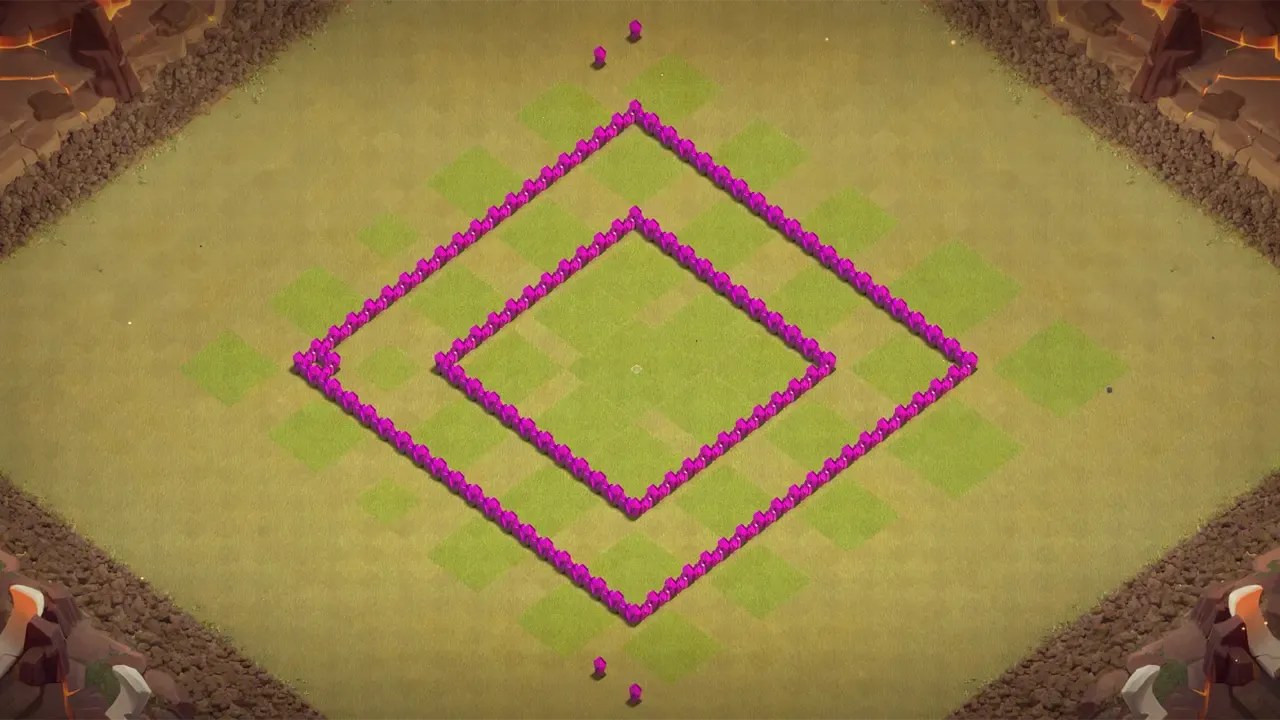 TH6 war base with classic ring layout, centered Town Hall, evenly spread defenses, and traps disrupting common war attack patterns. wall view - wall layout only for clash of clans town hall 6