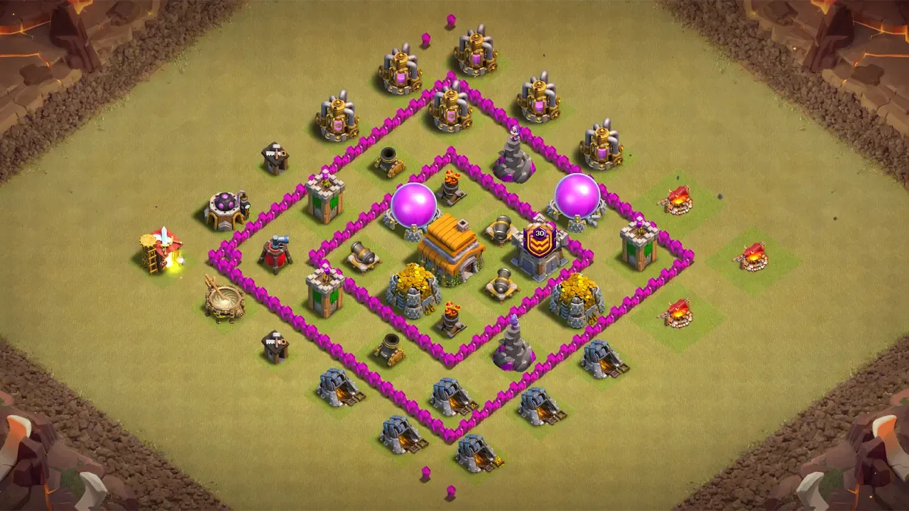 TH6 war base with classic ring layout, centered Town Hall, evenly spread defenses, and traps disrupting common war attack patterns. scout view - full base layout for clash of clans town hall 6